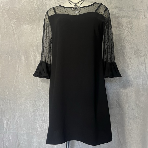Neb & Girl Dress Womens Medium Shift Black Mesh Bell Sleeves Classic Sheer Panel - Picture 2 of 10